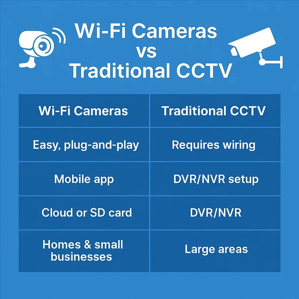 Comparison chart of WiFi cameras vs traditional CCTV showing differences in installation, storage, and best use cases for homes, shops, and large areas