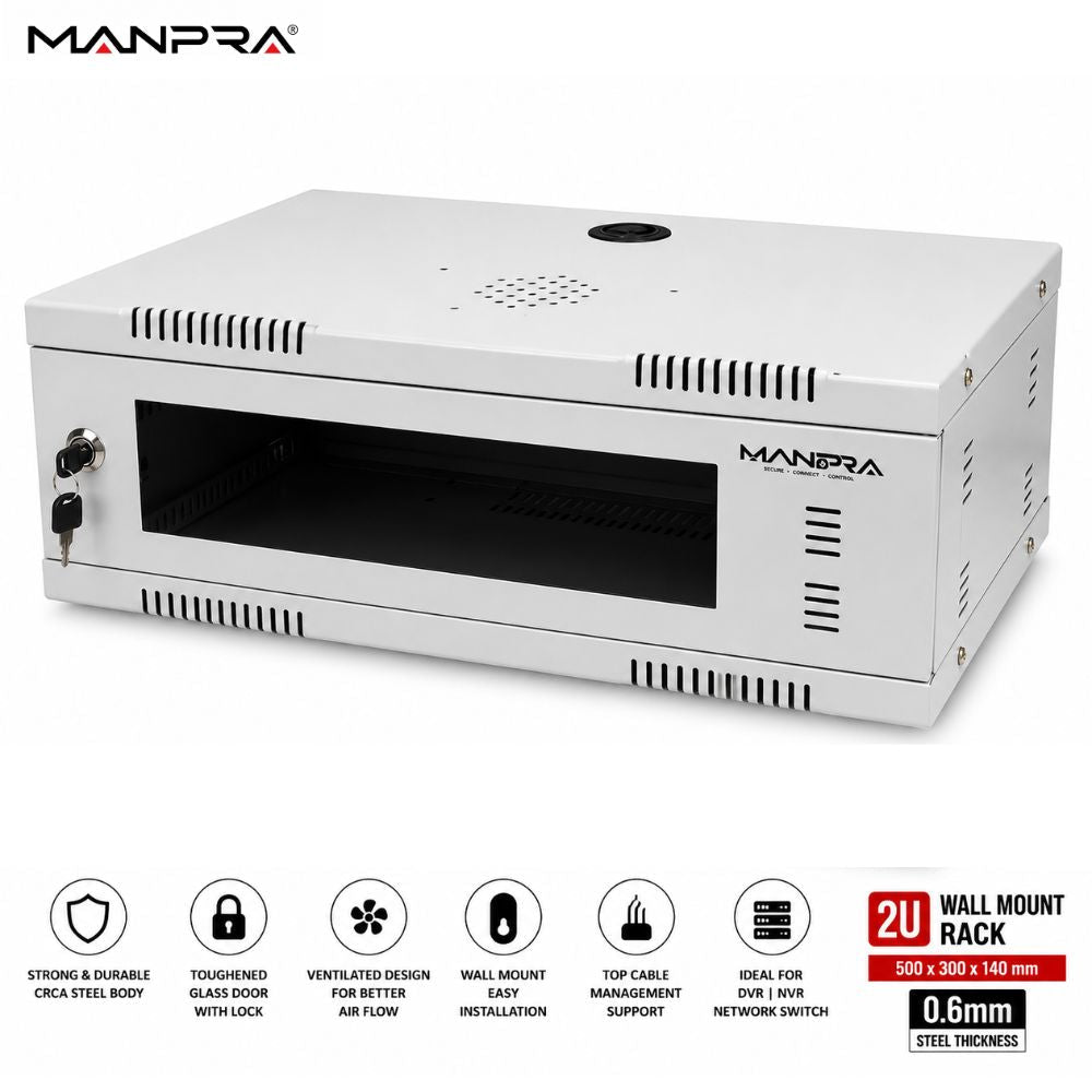 MANPRA 2U Wall Mount Networking / DVR/ NVR Rack – Toughened Glass Door, Ventilated CRCA Steel Cabinet with Lock & Cable Management