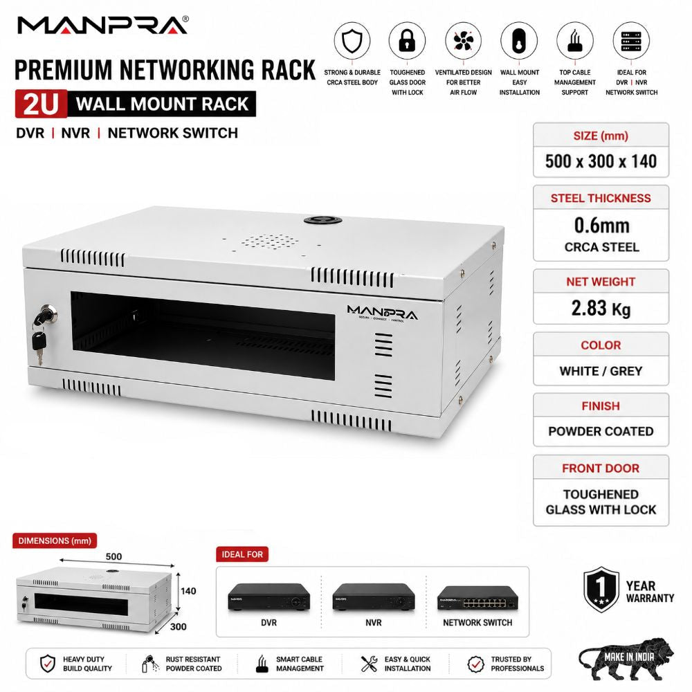 MANPRA 2U Wall Mount Networking / DVR/ NVR Rack – Toughened Glass Door, Ventilated CRCA Steel Cabinet with Lock & Cable Management