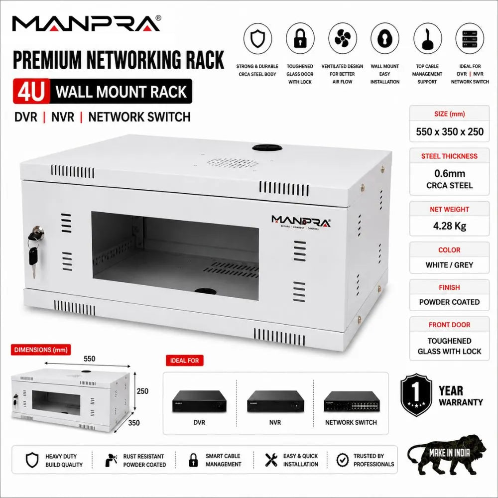 MANPRA 4U Wall Mount Networking / DVR/ NVR Rack – Toughened Glass Door, Ventilated CRCA Steel Cabinet with Lock & Cable Management