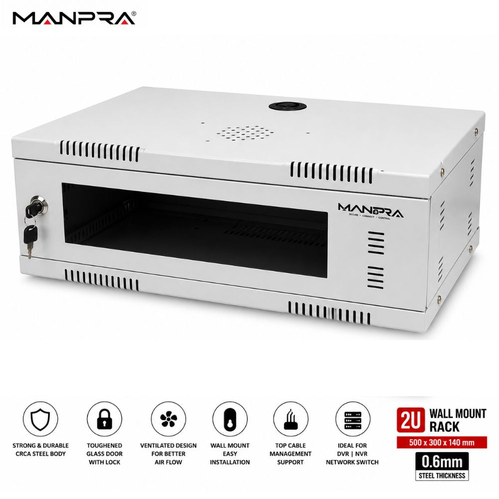 MANPRA 2U Wall Mount Networking / DVR/ NVR  Rack – Toughened Glass Door, Ventilated CRCA Steel Cabinet with Lock & Cable Management