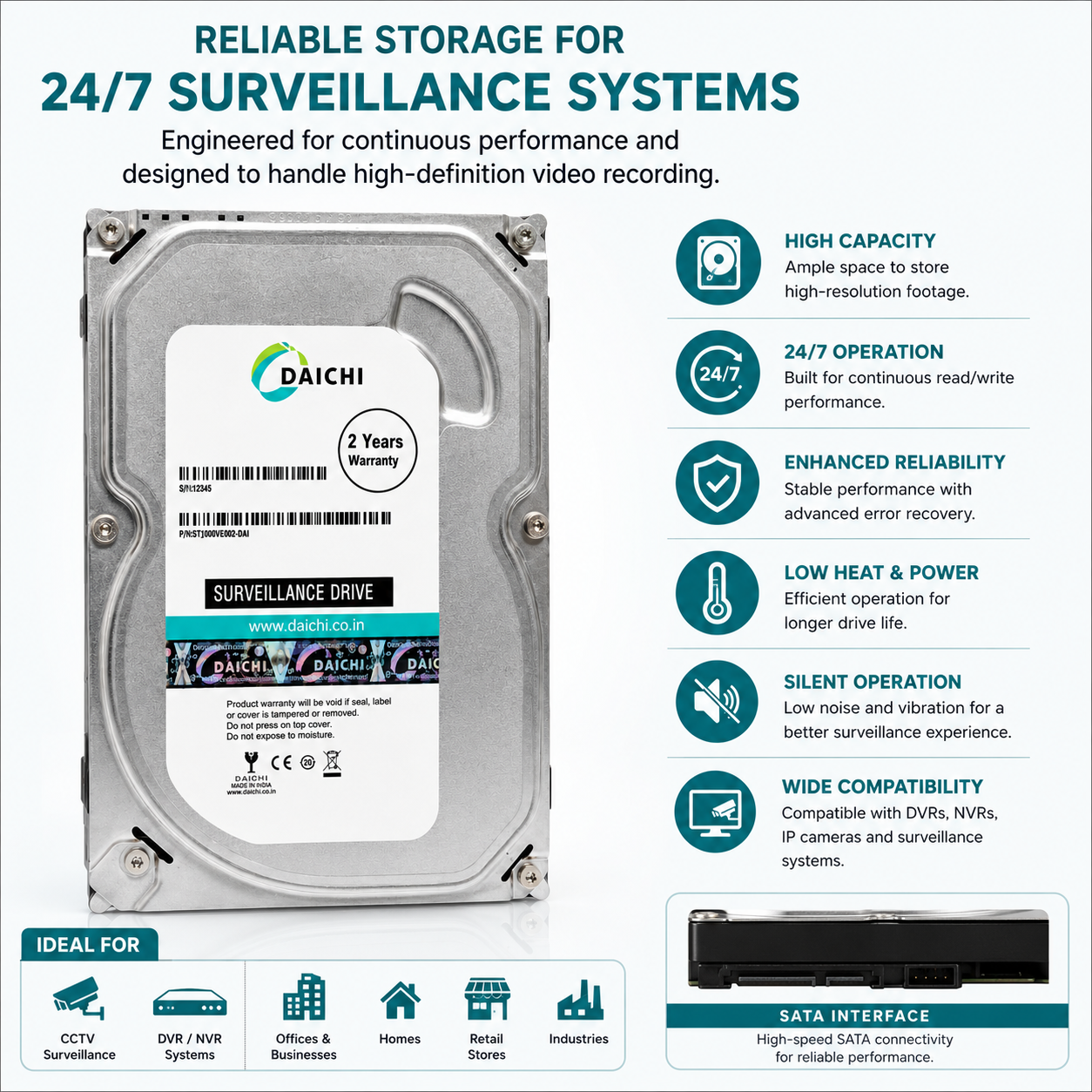 Daichi 1TB Surveillance Hard Drive | 3.5" SATA CCTV HDD for DVR & NVR | 24x7 Recording