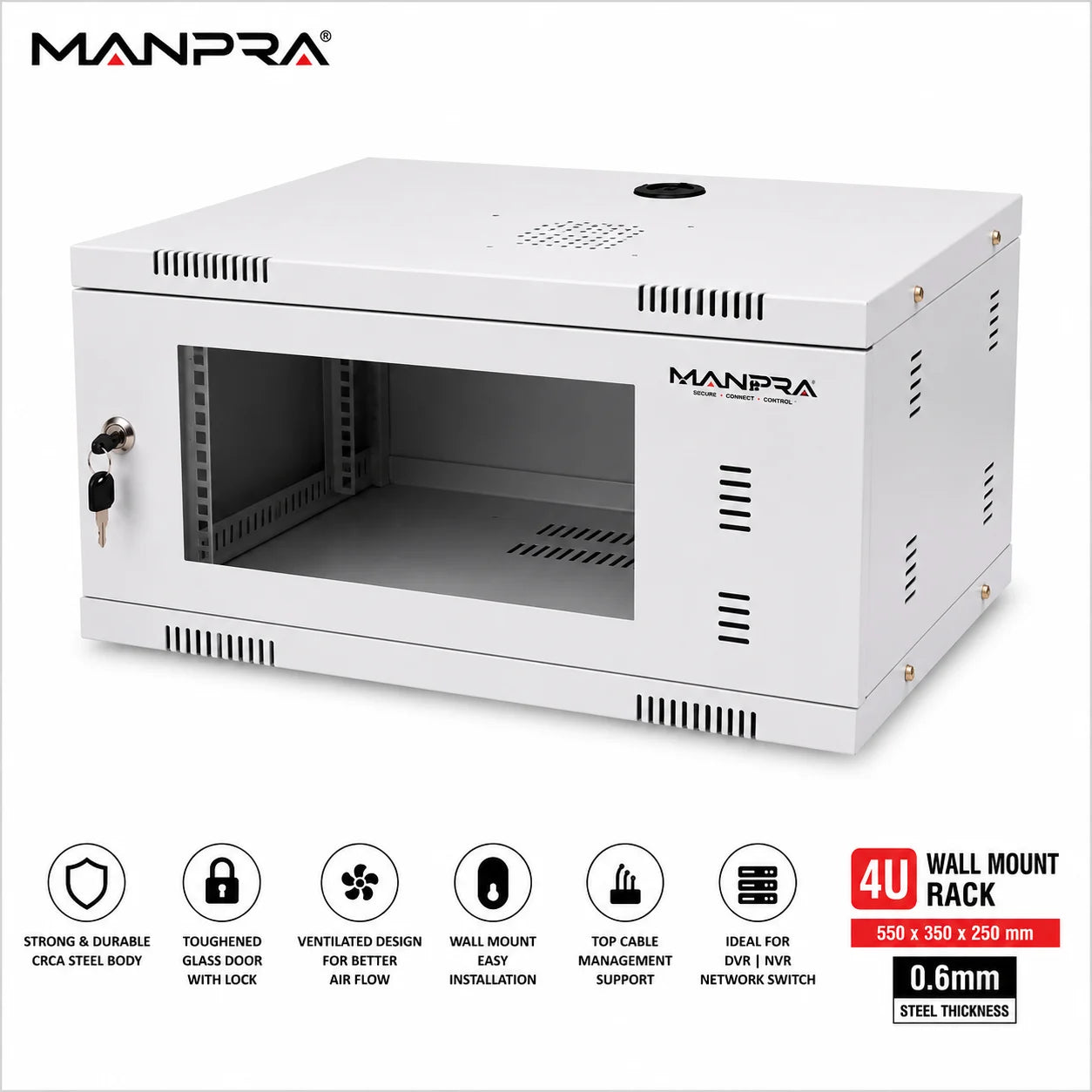 MANPRA 4U Wall Mount Networking / DVR/ NVR  Rack – Toughened Glass Door, Ventilated CRCA Steel Cabinet with Lock & Cable Management