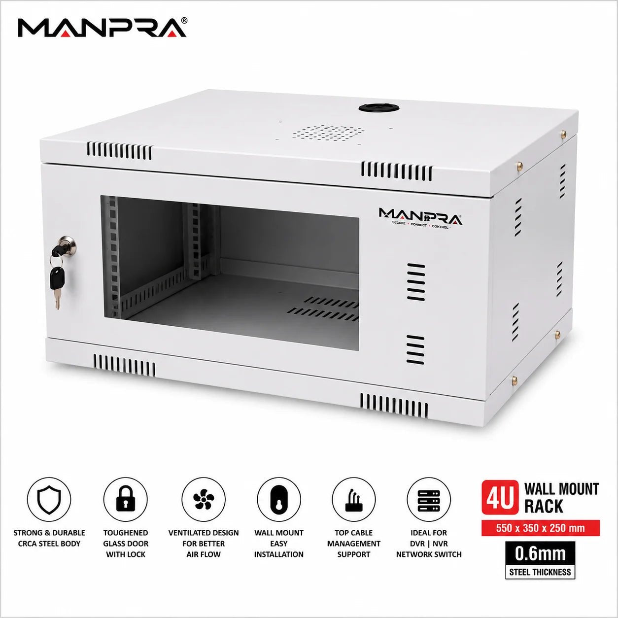 MANPRA 4U Wall Mount Networking / DVR/ NVR  Rack – Toughened Glass Door, Ventilated CRCA Steel Cabinet with Lock & Cable Management
